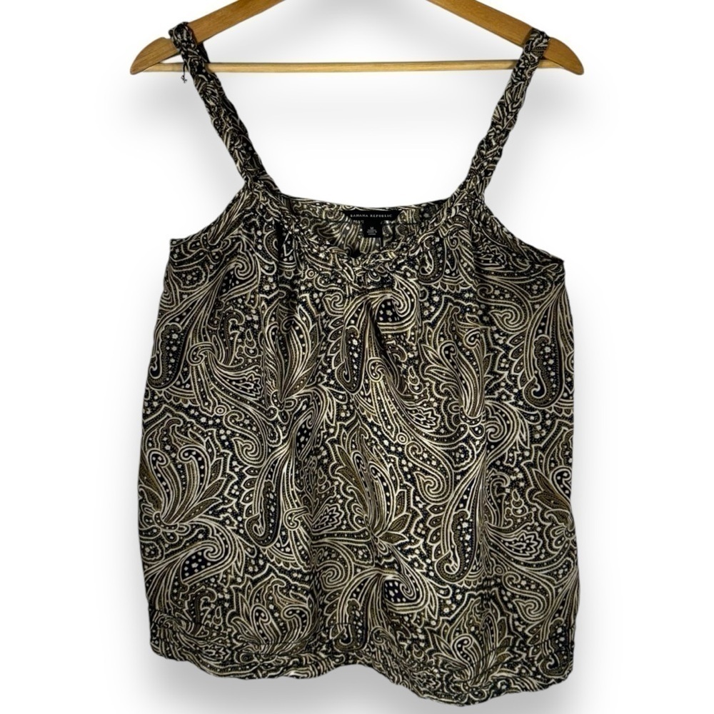 Banana Republic 100% Silk Braided Straps Camisole, Black/Tan Paisley, Size M
